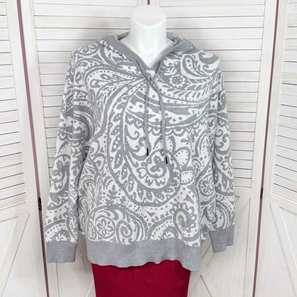 Cynthia Rowley Paisley Hoodie Pullover Sweater Grey‎ White 2X